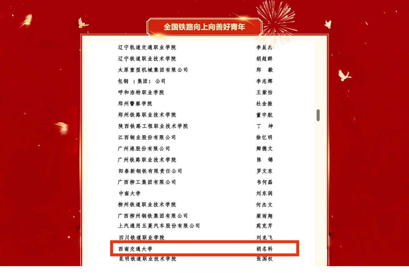 九游网页版胡名科获评2024年度“全国铁路向上向善好青年（创新创效）”荣誉称号